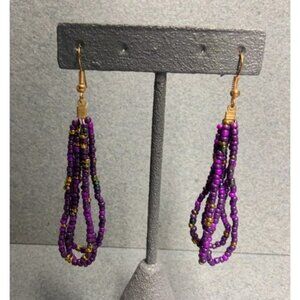 Triple Loop Pierced Earrings 3 In Gold Iridescent Purple Seed Bead Dangle Boho